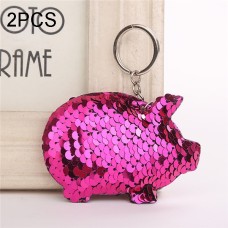 2PCS Cute Chaveiro Pig Keychain Glitter Pompom Sequins Key Chain Gifts for Women Llaveros Mujer Car Bag Accessories Key Ring(magenta)