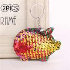 2PCS Cute Chaveiro Pig Keychain Glitter Pompom Sequins Key Chain Gifts for Women Llaveros Mujer Car Bag Accessories Key Ring(colorful)