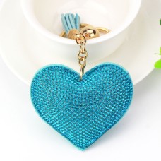 2 PCS Heart Keychain Leather Tassel Gold Key Holder Metal Crystal Key Chain Keyring Charm Bag Auto Pendant Gift(lake blue)