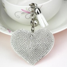 2 PCS Heart Keychain Leather Tassel Gold Key Holder Metal Crystal Key Chain Keyring Charm Bag Auto Pendant Gift(silver white)