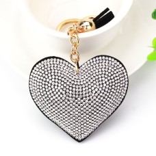 2 PCS Heart Keychain Leather Tassel Gold Key Holder Metal Crystal Key Chain Keyring Charm Bag Auto Pendant Gift(black white)