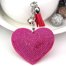 2 PCS Heart Keychain Leather Tassel Gold Key Holder Metal Crystal Key Chain Keyring Charm Bag Auto Pendant Gift(magenta)