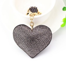 2 PCS Heart Keychain Leather Tassel Gold Key Holder Metal Crystal Key Chain Keyring Charm Bag Auto Pendant Gift(black gray)