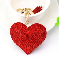 2 PCS Heart Keychain Leather Tassel Gold Key Holder Metal Crystal Key Chain Keyring Charm Bag Auto Pendant Gift(red)