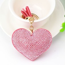 2 PCS Heart Keychain Leather Tassel Gold Key Holder Metal Crystal Key Chain Keyring Charm Bag Auto Pendant Gift(pink)