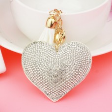 2 PCS Heart Keychain Leather Tassel Gold Key Holder Metal Crystal Key Chain Keyring Charm Bag Auto Pendant Gift(white)