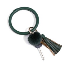 2 PCS Fringed Bracelet Keychain Circle Anti-Lost PU Leather Hairball Bracelet Keyring Pendant( Green)
