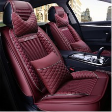 Car Leather Ice Silk Cushion Four Seasons Universal Seat Mat Set, Luxury Version (Red)