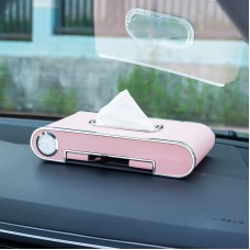 Car Dashboard Diamond Paper Towel Box with Temporary Parking Phone Number Card & Phone Holder & Clock(Pink)