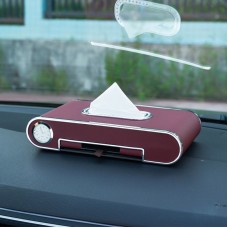 Car Dashboard Diamond Paper Towel Box with Temporary Parking Phone Number Card & Phone Holder & Clock(Wine Red)