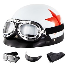 Soman Electromobile Motorcycle Half Face Helmet Retro Harley Helmet with Goggles(Bright White Red Star)