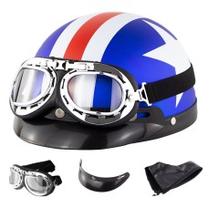 Soman Electromobile Motorcycle Half Face Helmet Retro Harley Helmet with Goggles(Matte Blue French White Star)