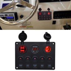 Multi-function Combination Switch Pane Voltmeter + Cigarette Lighter Socket + 5 Way Switches + Dual USB Charger  for Car RV Marine Boat(Red Light)