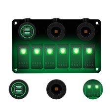 Multi-functional Combination Switch Panel 12V / 24V 6 Way Switches + Dual USB Charger for Car RV Marine Boat (Green Light)