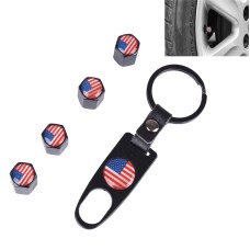 Universal 8mm USA Flag Pattern Replacement Aluminum Alloy Car Tire Valve Caps + Key Ring Set