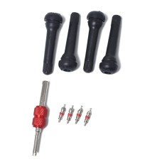 Snap-in Short Black Rubber Valve Stem (TR418) 4-Pack with Valve Core Wrench for Tubeless 0.453 Inch 11.5mm Rim Holes on Standard Vehicle Tires